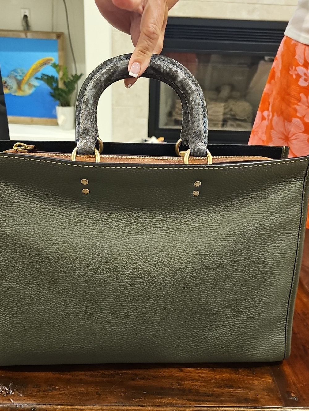 NWT Coach Briefcase  Army Green, Blue Snakeskin handles w/ brown trim